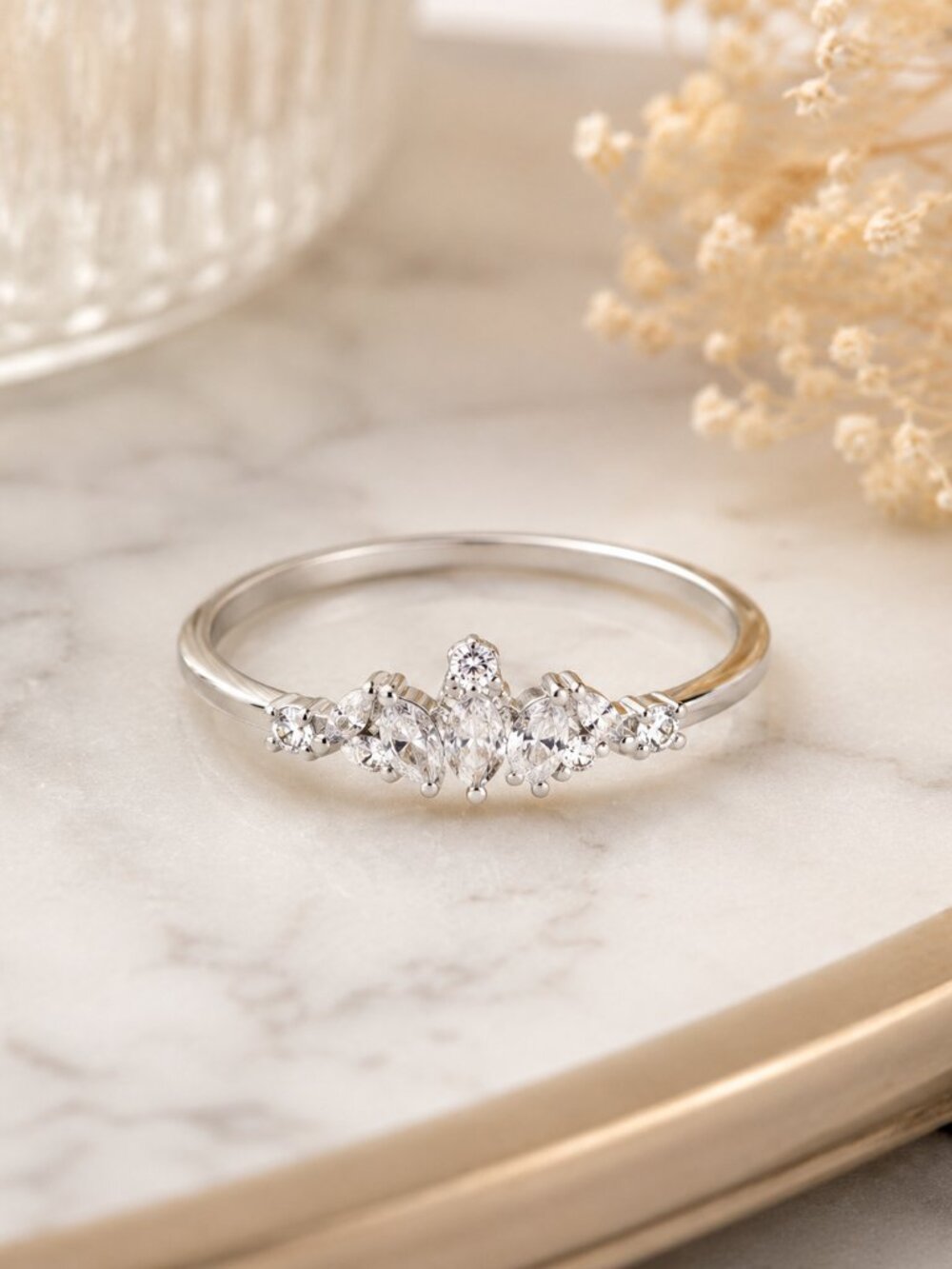 Silver Tone CZ Tiara Crown Cluster Ring Dainty Sparkle SZ 7 NWT